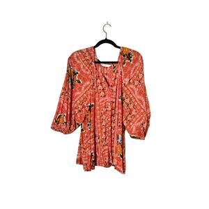 Lauren Conrad Women's Floral Peasant Top Sz Large Pink Puff Sleeves Boho Preppy